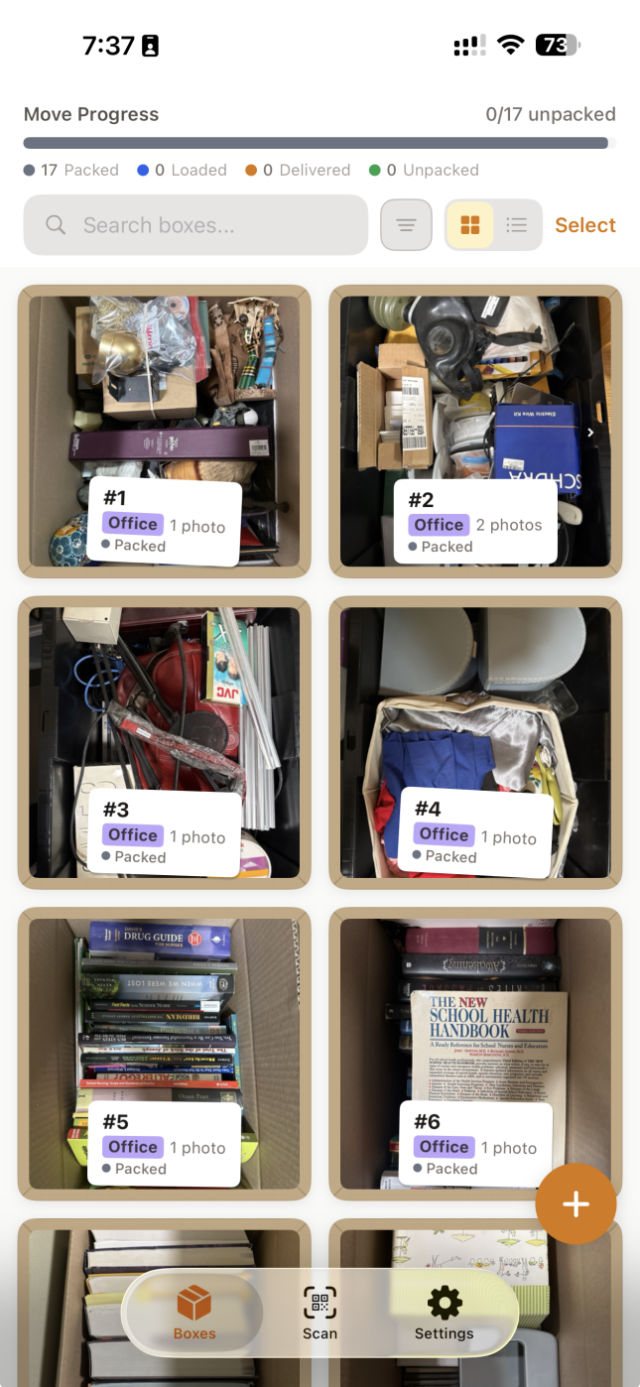 Boxlo dashboard showing organized moving boxes